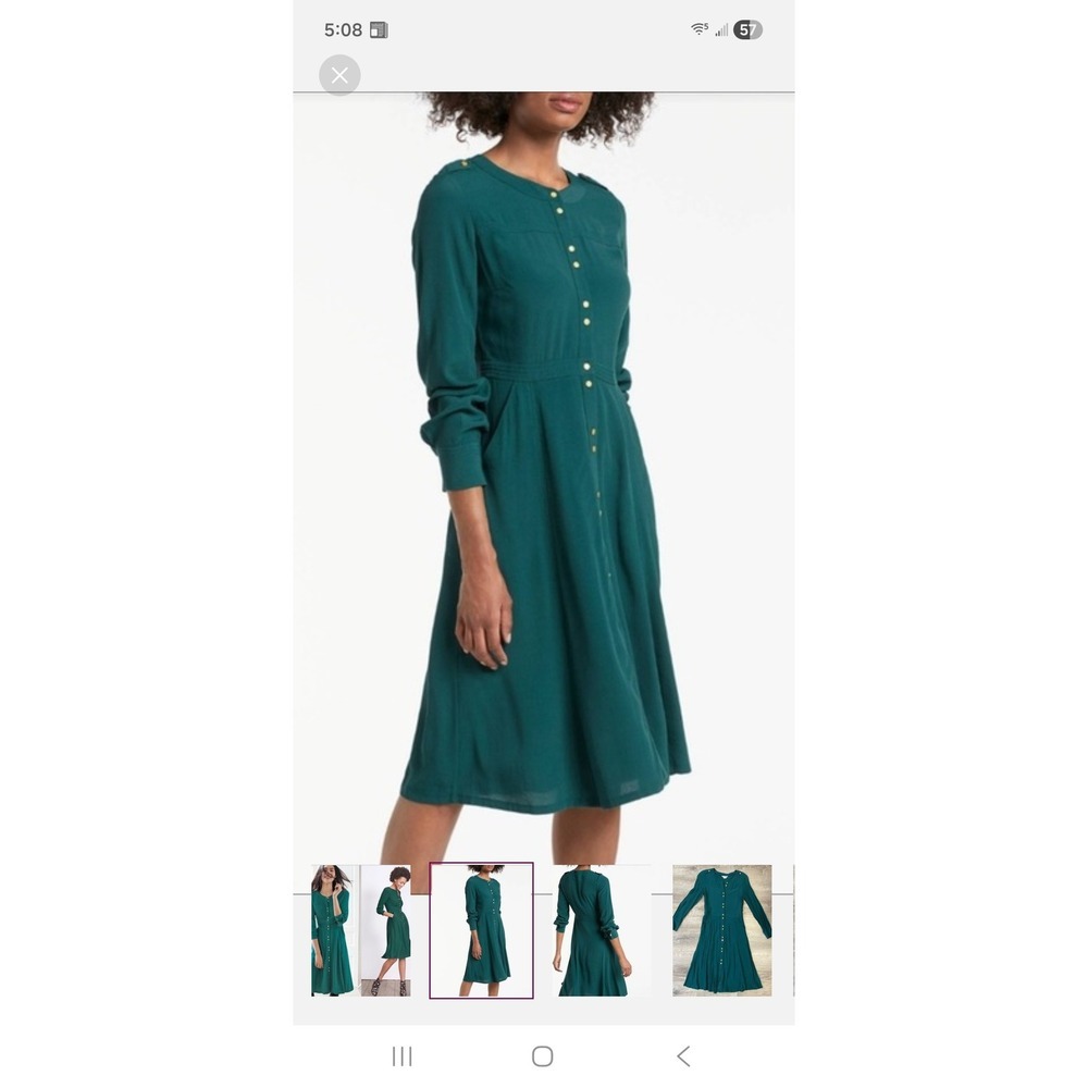 Boden Forest Green Button Down Midi Dress Gold Hardware Epaulettes Womens 2R - Picture 2 of 7